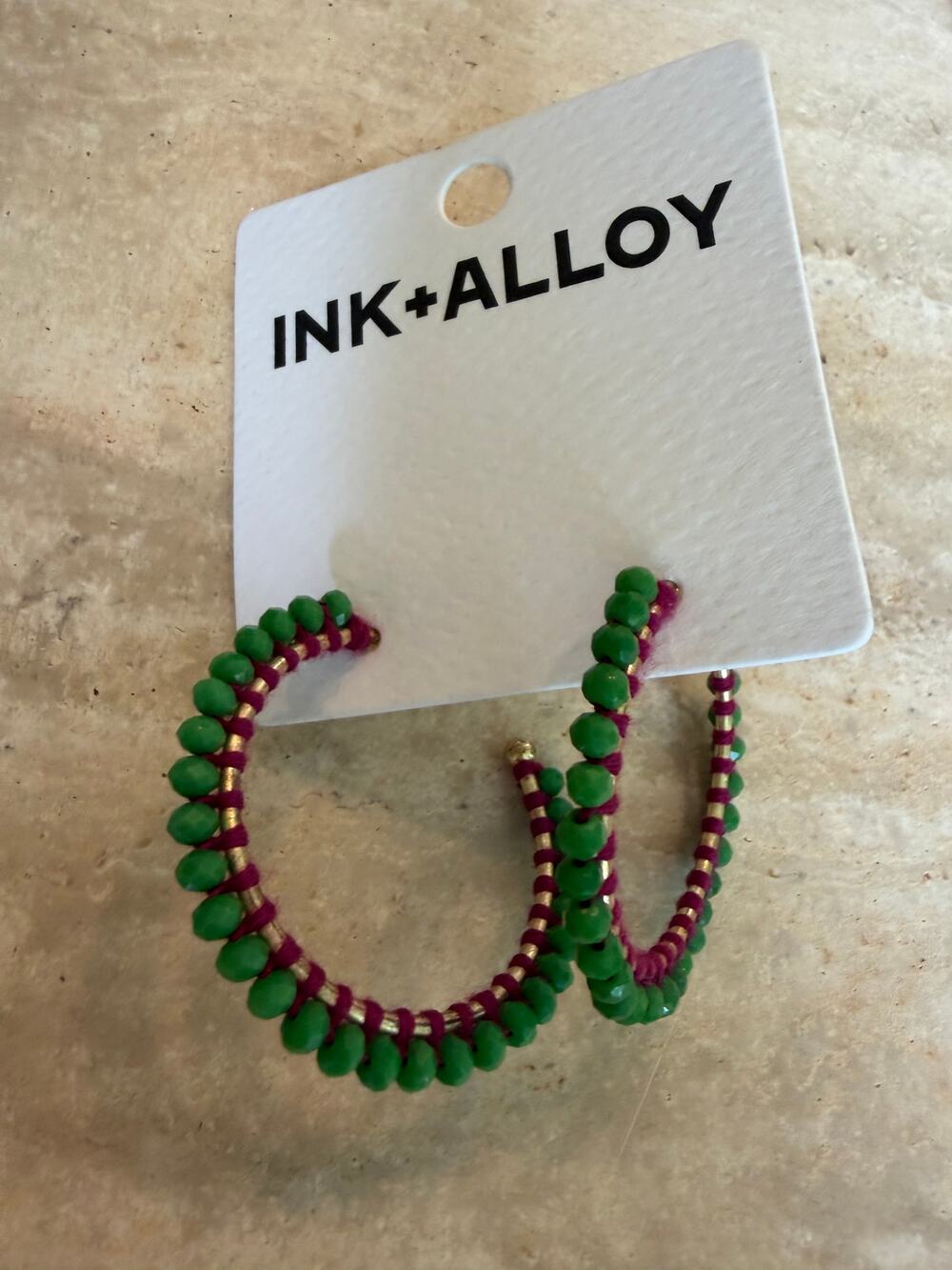 Ink & Alloy NEW Lillian Crystal Threaded Hoop Earrings, Pink & Green